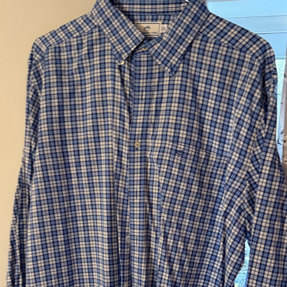 Southern Tide Blue and White Plaid Men's Shirt